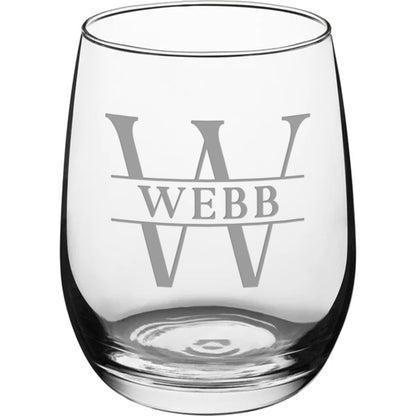 Split Monogram Engraved Stemless Wine Glass